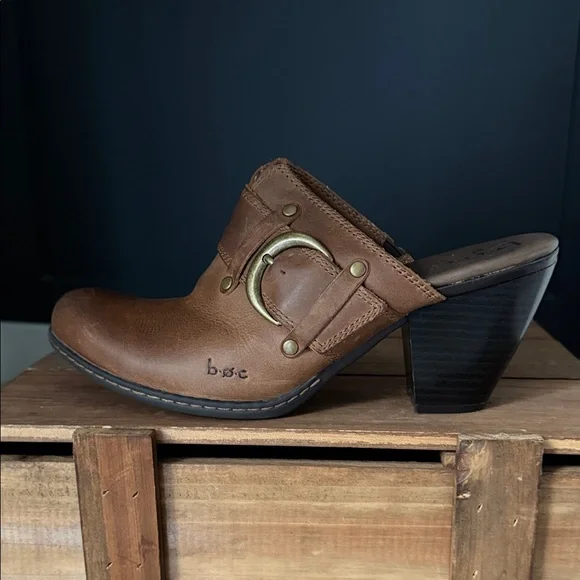 b.o.c. Suzi Brown Leather Heeled Mules Size 8 Clogs Block Heel Buckle GUC - Picture 1 of 9
